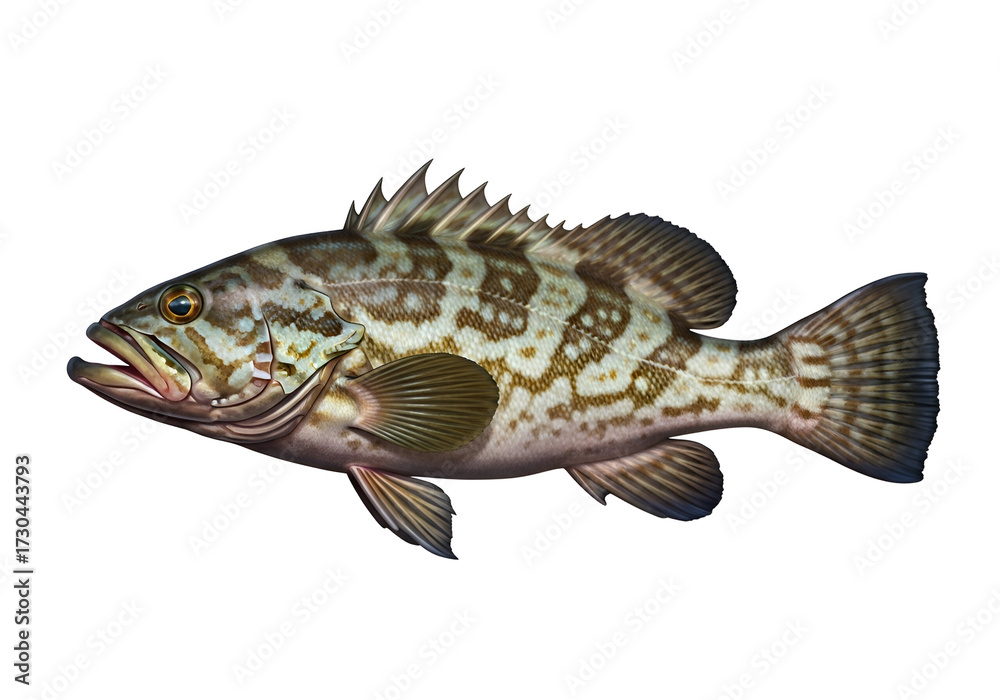 Naklejka premium A detailed illustration of a spotted fish, presented in profile view against a dark background.