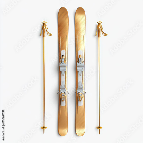 Elegant pair of gold ski and ski pole winter sport equipment. luxury, vintage design for glamorous hobby, an exclusive set isolated on white background