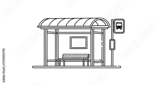 Illustration of a bus stop with a bench and bus stop sign.
