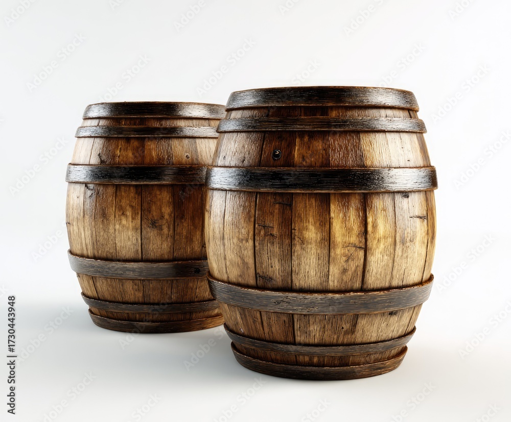 Obraz premium Two weathered wooden barrels isolated on a white background for storage