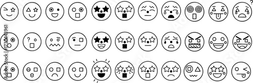 A versatile collection of outline style smiley face icons. This black and white vector set features a wide variety of emoticons depicting diverse human emotions and expressions
