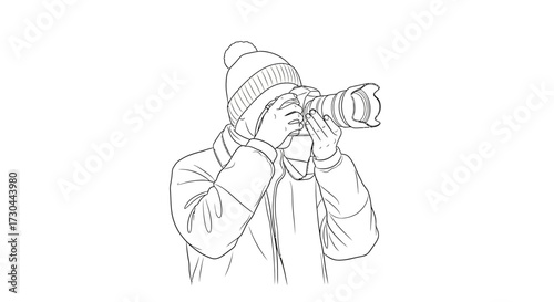 Line art of a photographer in winter clothing taking a picture with a camera.
