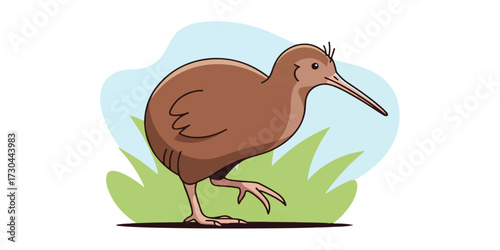 Digital illustration of a kiwi bird with simple shapes, clean outlines, and natural earthy colors