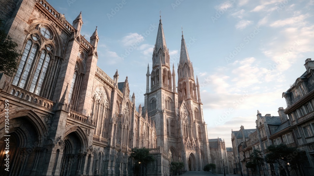 Fototapeta premium Detailed Macro Close Up of Gothic Castle with Towers Cinematic Lighting under a Cloudy Sky