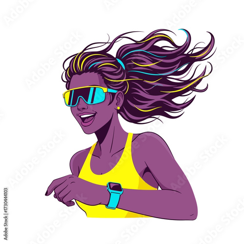 A vibrant illustration of a Black woman with flowing purple hair, wearing sunglasses and a yellow tank top, checking her smartwatch while running.