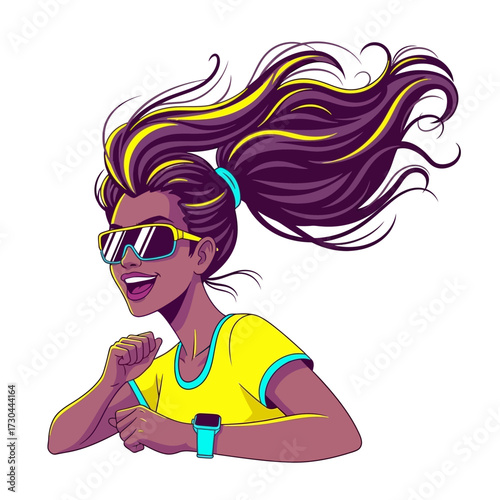 Vibrant graphic illustration of a stylish woman with curly black hair, pink and blue highlights, wearing sunglasses and bright pink lipstick.