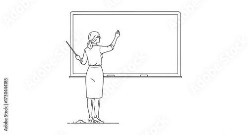 Illustration of a woman writing on a whiteboard with a pointer in her hand.