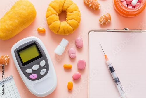 Sugar High Alert: Conceptual close-up view on sugary food items (donut, sweet bread, cake) and diabetic care products(glucose meter, pills, syringes) lay scattered.