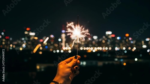 A hand with a burning sparkler on the background of a city at night