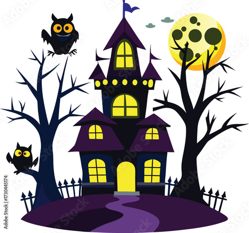 Haunted House with Owls and Full Moon Vector Illustration