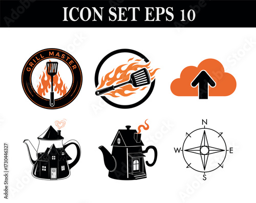Vector art of icon set illustration with grill master, cloud upload, compass