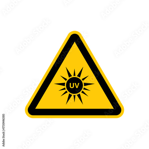 Yellow warning sign alerts to ultraviolet radiation hazard, cautioning about potential dangers in the area, emphasizing safety and awareness.