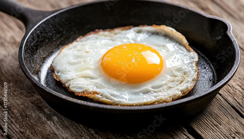 Delicious fried egg with bright yolk cooking in cast iron skillet for rustic breakfast. This simple protein food on wood background represents healthy eating and homemade meals