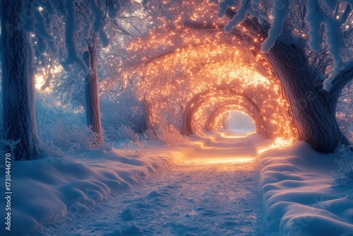 Lights shining from snowy tunnel.