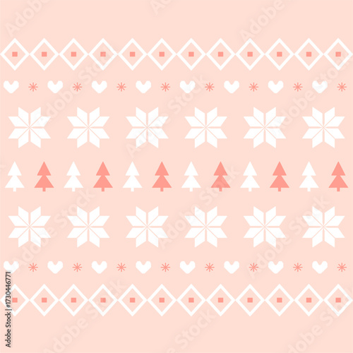 Christmas and New Year seamless pattern. Flat knitting pattern, Fair Isle  with Scandinavian snowflakes and Christmas trees for winter hat, sweater, jumper, paper or other designs.