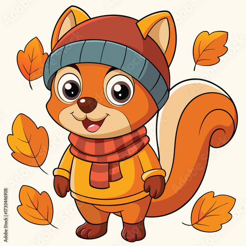 Cheerful squirrel wearing winter hat and scarf stands among falling autumn leaves against plain background