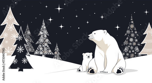 A winter scene depicts polar bears in a snowy forest under a starry night sky.