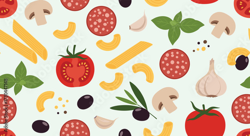 A vibrant and delicious Italian food pattern with pasta tomatoes basil garlic and olives.