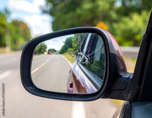 Broken car side mirror reflecting a road
