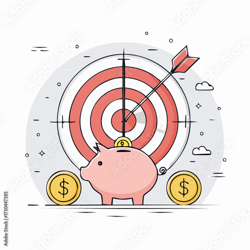 Create a concise, descriptive title (6-180 characters) without keywords.     *   "Piggy bank with coins in front of a target with an arrow hitting the bullse...