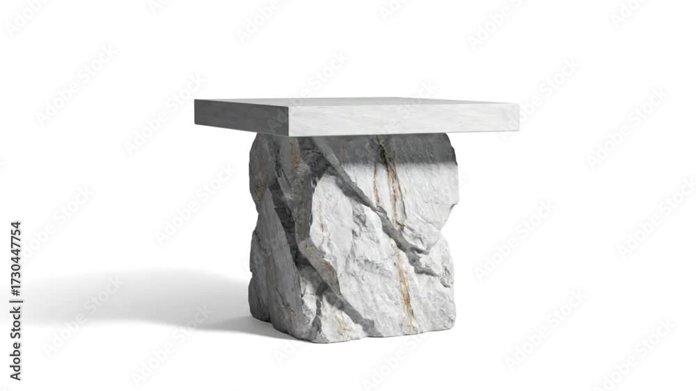 Stone table square top on rock base casting a shadow on a white surface
