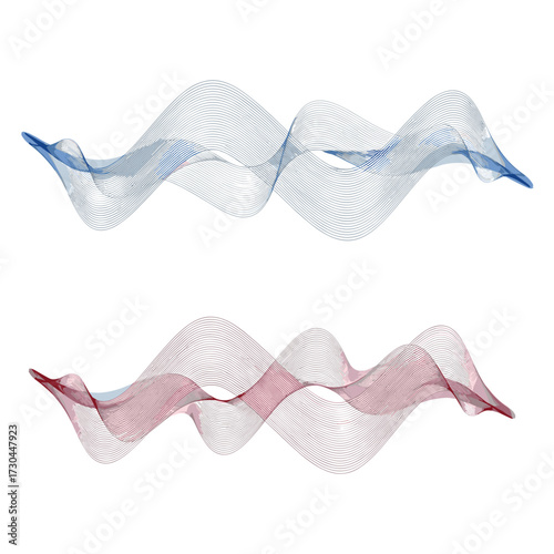 Abstract flowing wavy lines in shades of blue and red with subtle grid patterns.