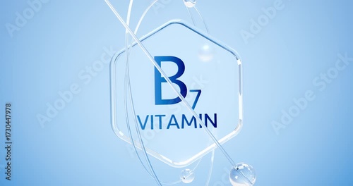 The inscription vitamin B7 on a glass hexagon with electrons rotating around it, Biotin or Coenzyme R for metabolism and nervous system function