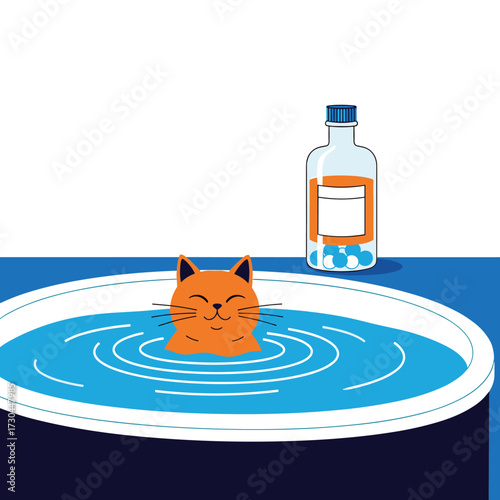 An orange cat enjoys a relaxing bath with pills in a nearby bottle.