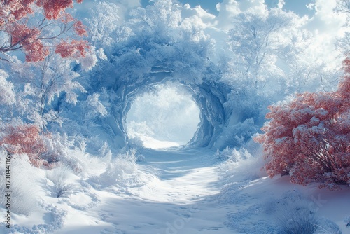 Snow-covered landscape with a scenic winter sunset, casting a warm glow over the frosted trees and snowflakes in the air.