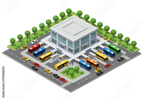 3D Isometric view illustration of a modern bus station with multiple buses, platforms, and passengers in an urban setting, symbolizing transportation, travel, commuting, and public mobility services