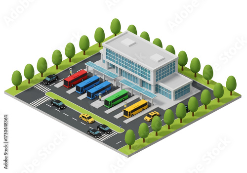 3D Isometric view illustration of a modern bus station with multiple buses, platforms, and passengers in an urban setting, symbolizing transportation, travel, commuting, and public mobility services