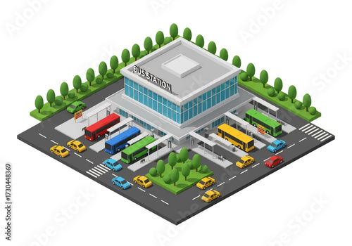 3D Isometric view illustration of a modern bus station with multiple buses, platforms, and passengers in an urban setting, symbolizing transportation, travel, commuting, and public mobility services