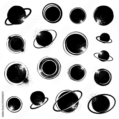 A collection of abstract circular shapes representing planets and celestial bodies in a distressed artistic style.