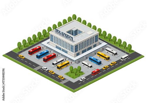 3D Isometric view illustration of a modern bus station with multiple buses, platforms, and passengers in an urban setting, symbolizing transportation, travel, commuting, and public mobility services