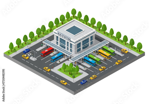 3D Isometric view illustration of a modern bus station with multiple buses, platforms, and passengers in an urban setting, symbolizing transportation, travel, commuting, and public mobility services