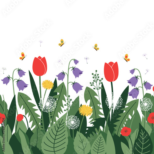 A vibrant garden scene with blooming flowers and fluttering butterflies.