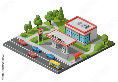 3D Isometric view illustration of a gas station with fueling pumps, convenience store, parking lot, and busy city streets with cars and buses, symbolizing transport, energy, and urban services