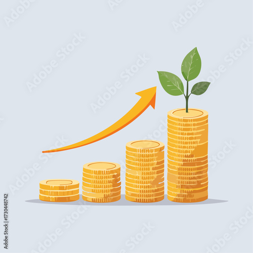 A visual representation of financial growth, showing stacks of coins increasing in height, symbolizing investment and prosperity, with a green sprout emerging from the tallest stack.