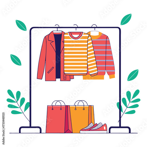 A stylish rack of colorful clothing including a jacket and sweaters with shopping bags and sneakers below surrounded by green leaves representing fashion and shopping