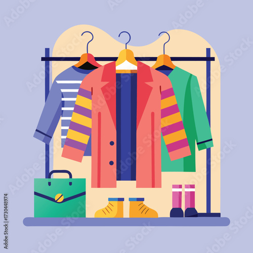 A colorful collection of autumn and winter clothing and accessories displayed on a rack with jackets sweaters boots and a handbag