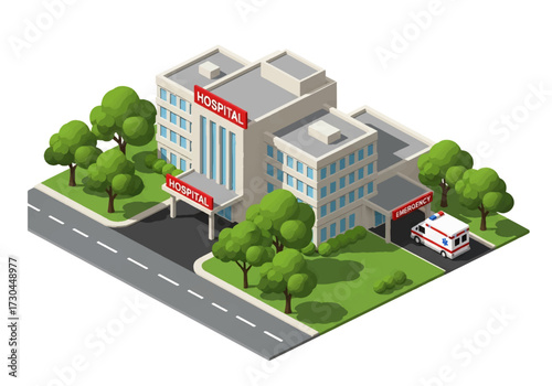 3D Isometric view illustration of a modern hospital building with helipad, glass architecture, and surrounding streets, symbolizing healthcare, emergency services, and medical treatment in urban areas