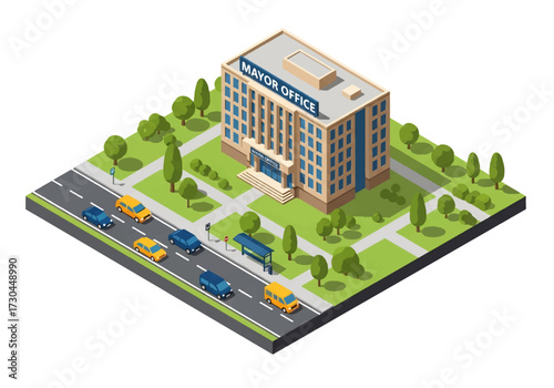 3D Isometric view illustration of a mayor’s office building, dome roof, nearby trees, cars, and a bus stop, symbolizing government, leadership, and civic administration