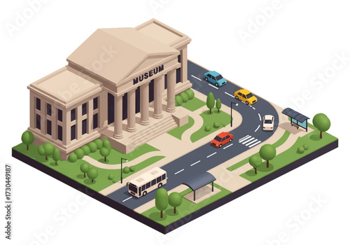 3D Isometric view illustration of a museum building surrounded by trees, city streets, buses, and cars, symbolizing culture, history, tourism, and education in urban life.