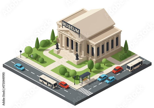 3D Isometric view illustration of a museum building surrounded by trees, city streets, buses, and cars, symbolizing culture, history, tourism, and education in urban life.