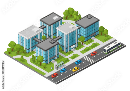 3D Isometric view illustration of modern office buildings with glass facades, green landscaping, and busy city streets with cars and buses, symbolizing business, corporate life, and urban development