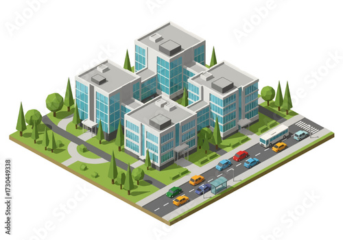 3D Isometric view illustration of modern office buildings with glass facades, green landscaping, and busy city streets with cars and buses, symbolizing business, corporate life, and urban development