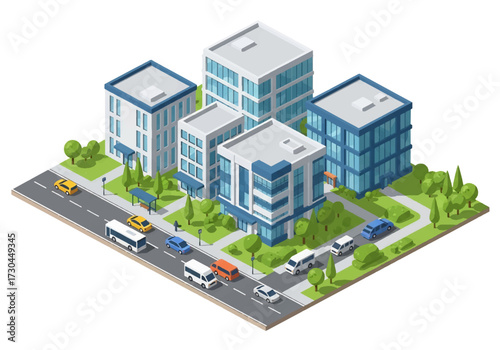 3D Isometric view illustration of modern office buildings with glass facades, green landscaping, and busy city streets with cars and buses, symbolizing business, corporate life, and urban development