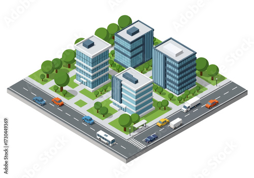 3D Isometric view illustration of modern office buildings with glass facades, green landscaping, and busy city streets with cars and buses, symbolizing business, corporate life, and urban development