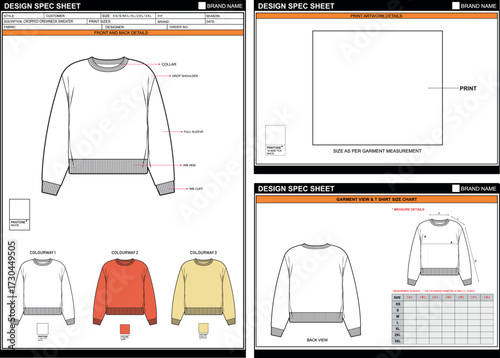 CROPPED CREWNECK SWEATER EASY EDITABLE EMPTY TECHPACK MEASUREMENT LAYOUT TEMPLATE DESIGN