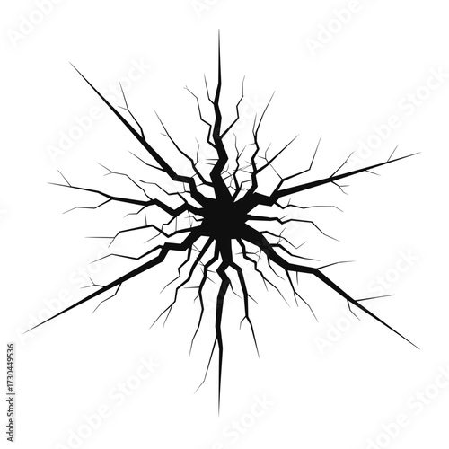 A radial crack pattern emerges from a central impact point on a white background.